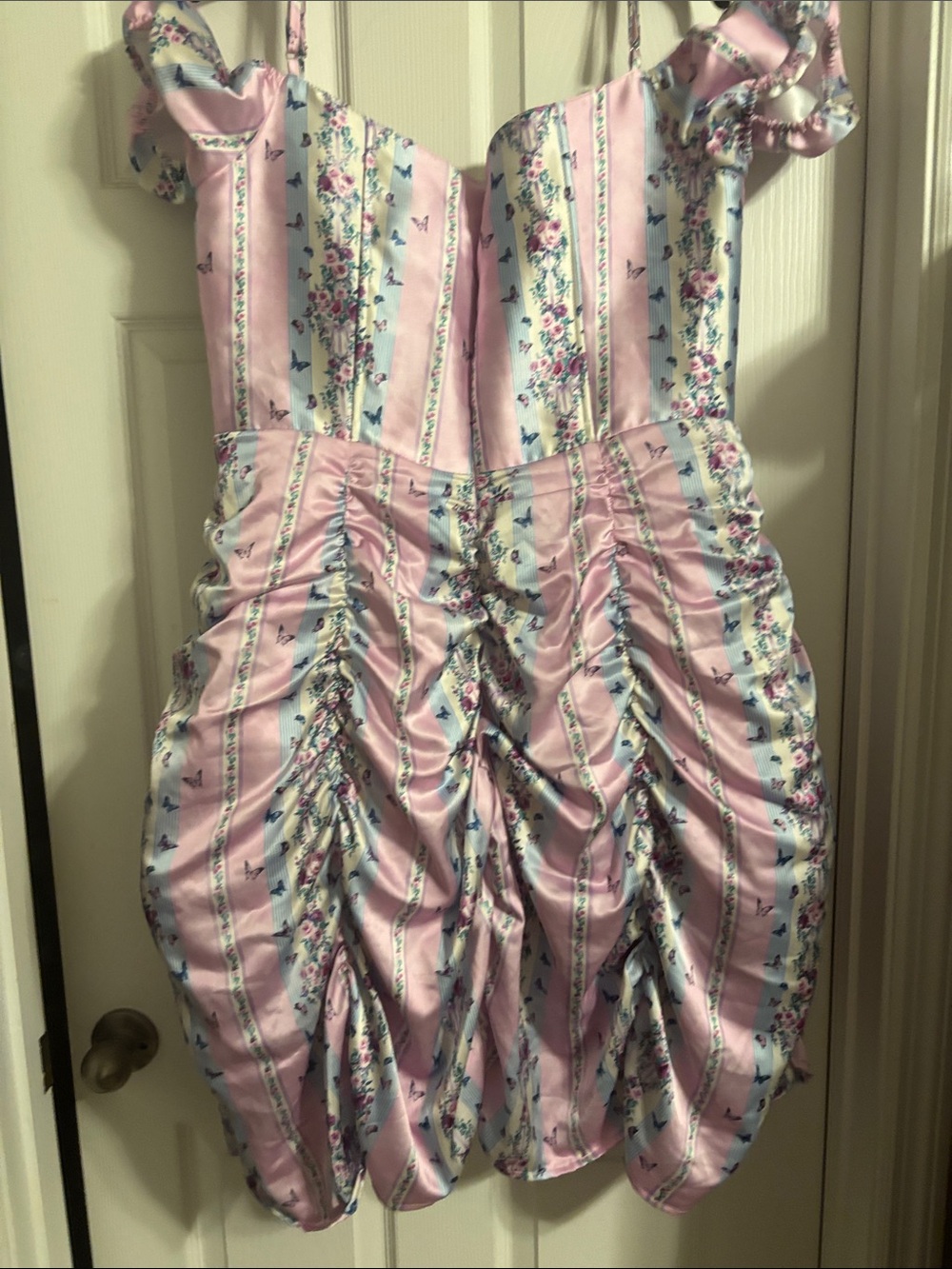 Sugar Thrillz Pink and Light Blue Striped Floral Ruched Corset Dress